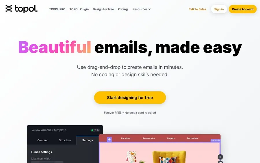 Topol.io email-building interface screenshot